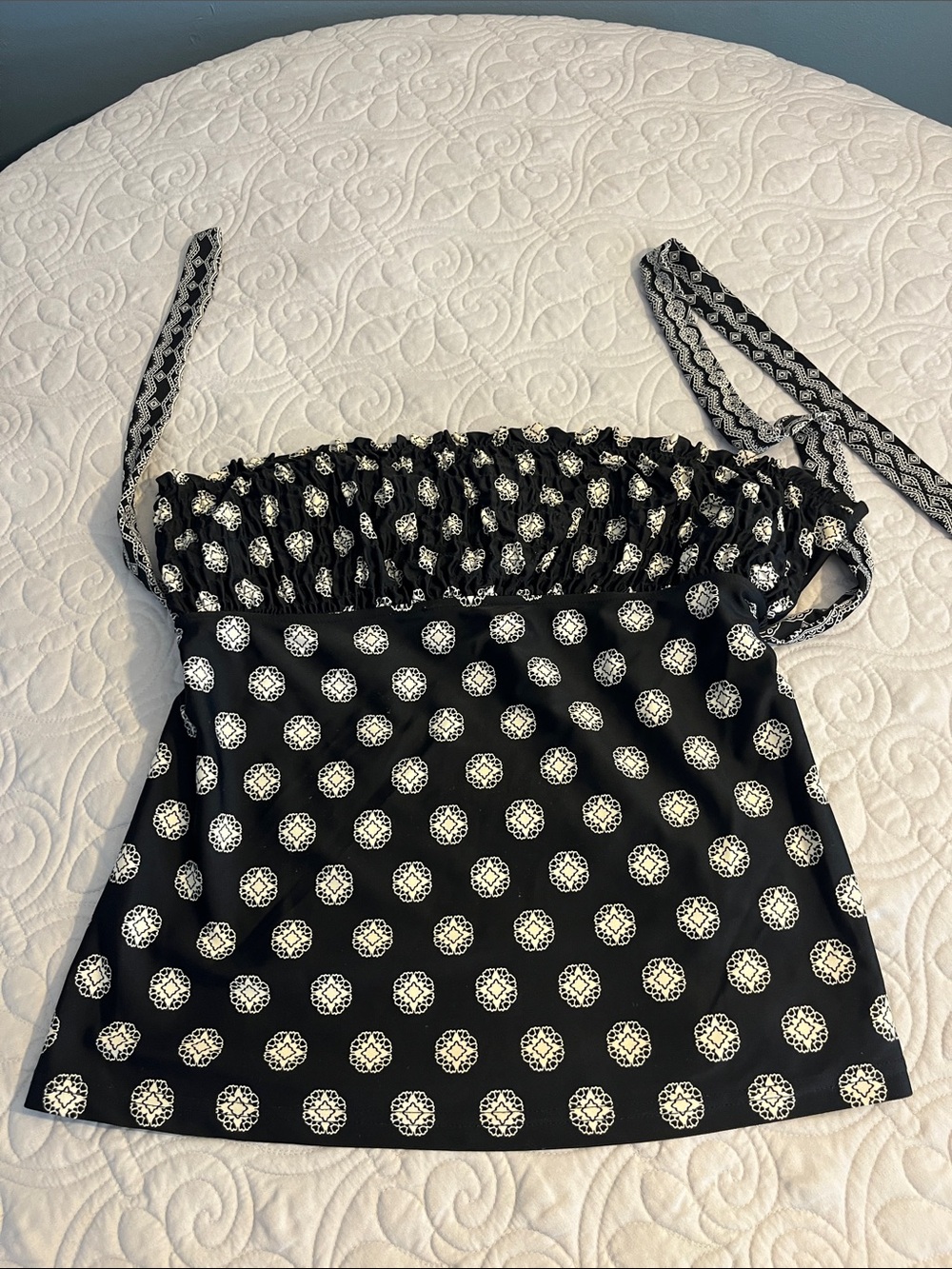 Smocked Black Polka Medallion Camisole with Tie Straps